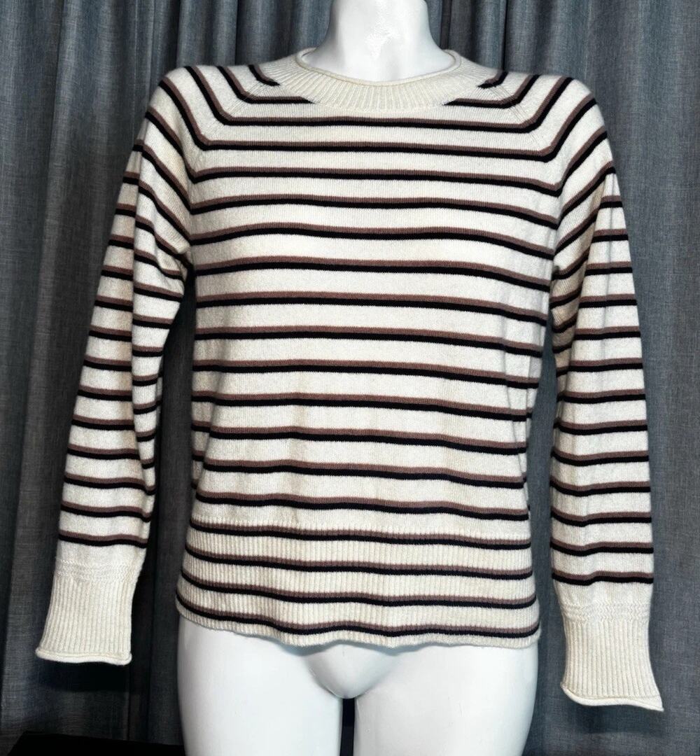 Madewell Sweater Stripe 100% Cashmere Women's Small Cream Mock Neck